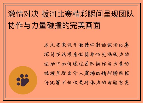 激情对决 拨河比赛精彩瞬间呈现团队协作与力量碰撞的完美画面