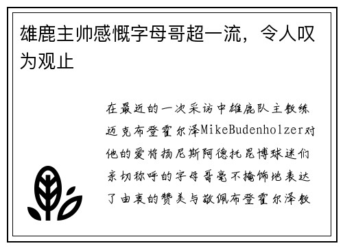 雄鹿主帅感慨字母哥超一流，令人叹为观止