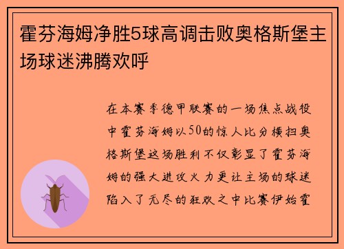 霍芬海姆净胜5球高调击败奥格斯堡主场球迷沸腾欢呼
